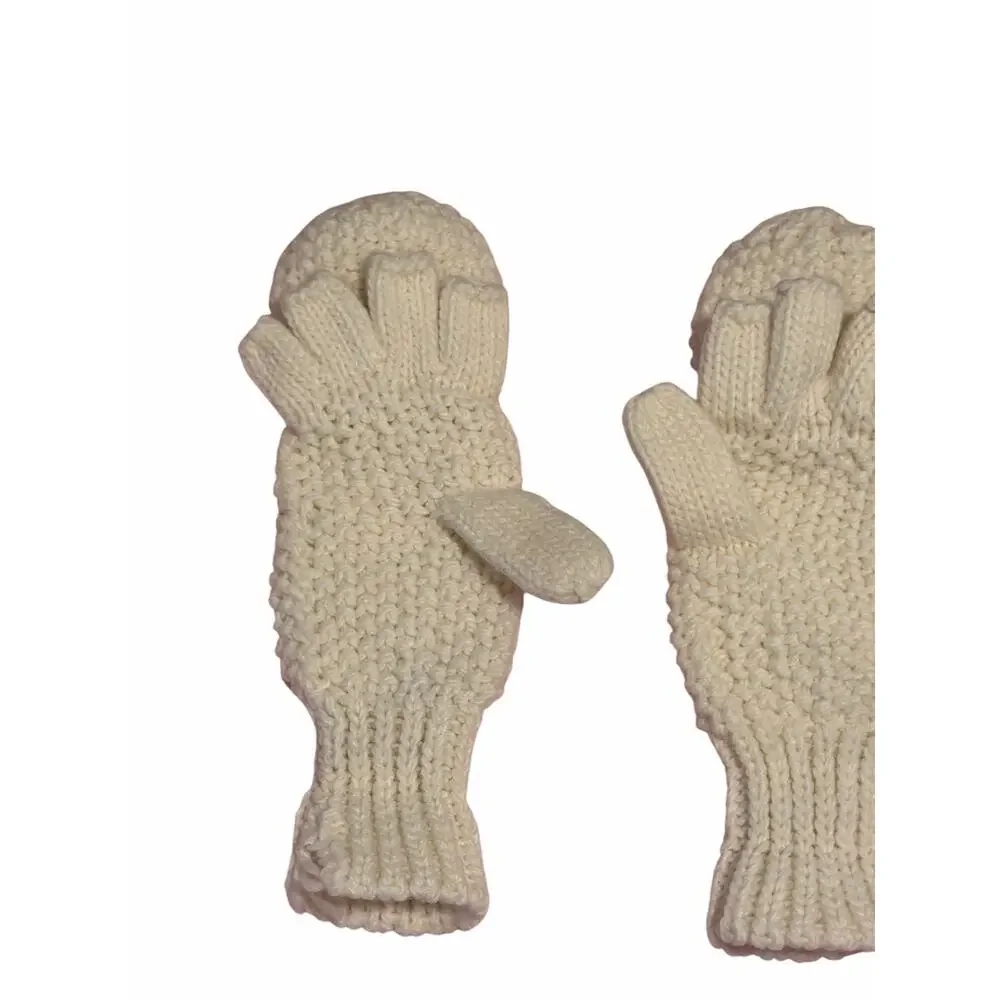 Women's White Solid Fuzzy Hand Knit Bird Mitten Gloves